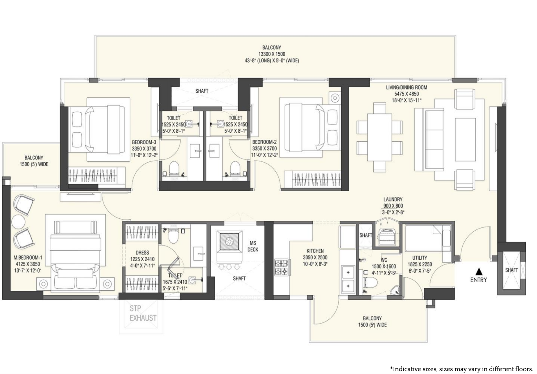 3 BHK + SR floor plan